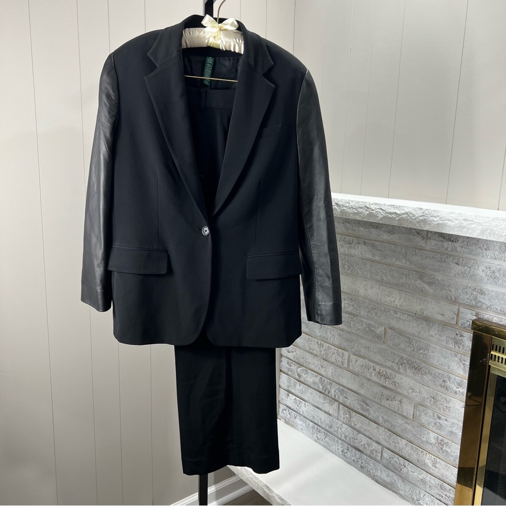 Lauren Ralph Lauren Womens Black 2 Pc Suit Leather Sleeve Blazer Pants Suit 14